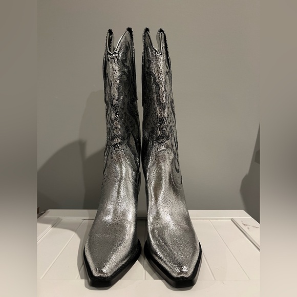 Jeffrey Campbell Dagget Western Silver Metallic Cowboy Boots Free People New - Picture 4 of 8